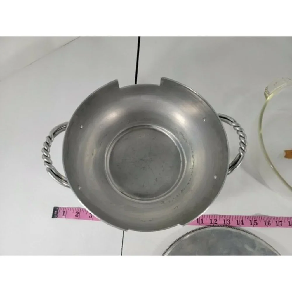 1950s Hand Hammered‎ Aluminum Casserole Server with Pyrex Bowl Glass Insert